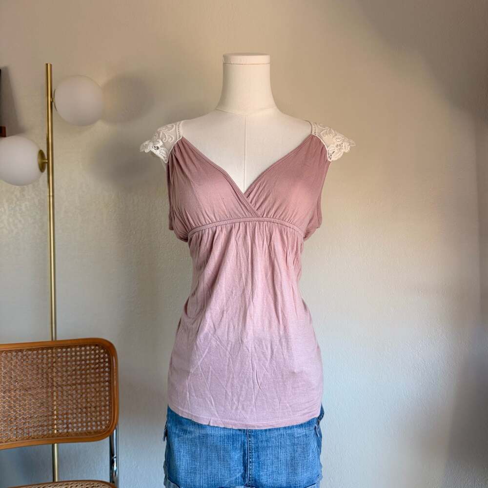 Y2K Forever 21 Pink Babydoll Tank Top with White Floral Lace Yoke S